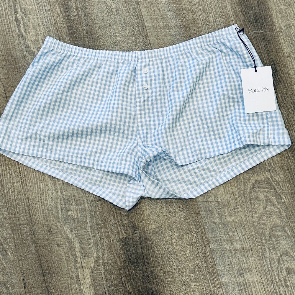 NWT Black Ibis Womens Sz XL Boxer Lounge Sleep Shorts Blue Gingham Plaid Comfort